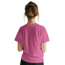 Back view of a woman wearing a pink retro California T-shirt, cute aesthetic summer top.