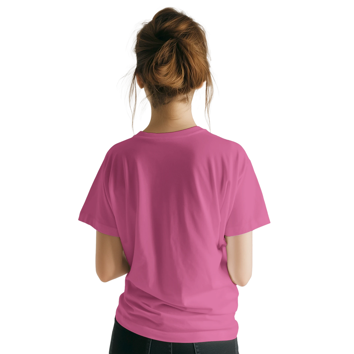 Back view of a woman wearing a pink retro California T-shirt, cute aesthetic summer top.
