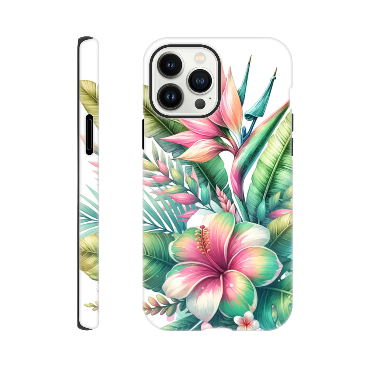 Vivid tropical hibiscus and palm leaf print on a tough iPhone case for 13-16 models. Impact-resistant floral phone cover with colorful botanical artwork.