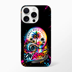Vibrant On Boost iPhone case featuring a turbocharger, rainbow palm trees, "Urban Palm Trees" text, and neon paint splatters on black.