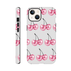 Glitter pink cherries wraparound print on a tough glossy protective iPhone case for 16/15/14/13.