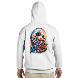 White men's hoodie back with "Flat Out" racing graphic featuring checkered flag, palm trees, and sunset for petrolhead streetwear.