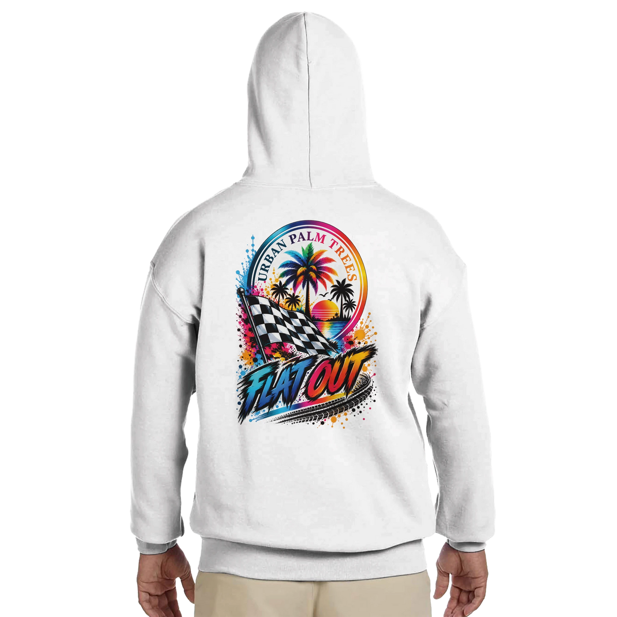 White men's hoodie back with "Flat Out" racing graphic featuring checkered flag, palm trees, and sunset for petrolhead streetwear.