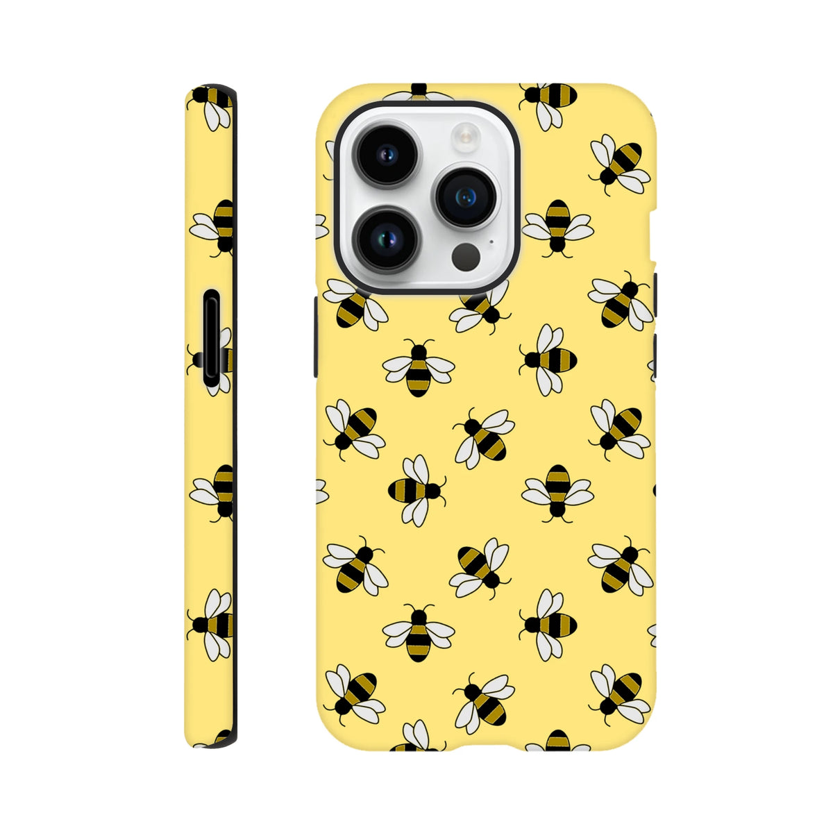 Yellow iPhone case featuring a cute repeating bumblebee pattern with black and white insects on a bright yellow background.