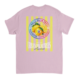Retro pink t-shirt back print featuring striped yellow lemons, Urban Palm Trees text, and Manchester United Kingdom circular badge design.