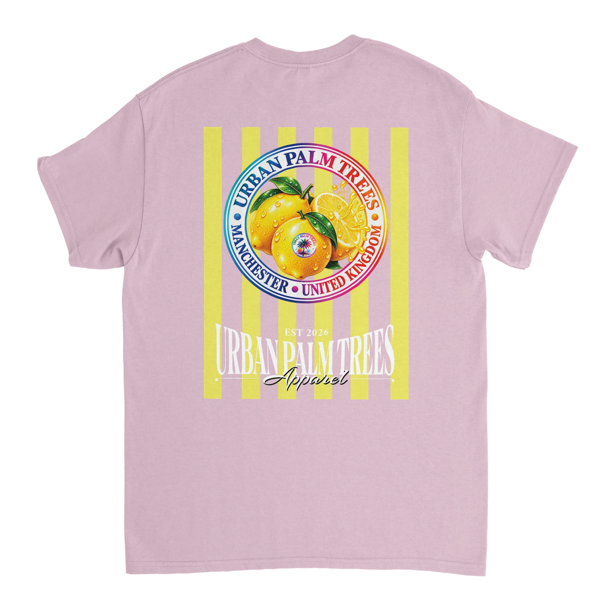 Retro pink t-shirt back print featuring striped yellow lemons, Urban Palm Trees text, and Manchester United Kingdom circular badge design.
