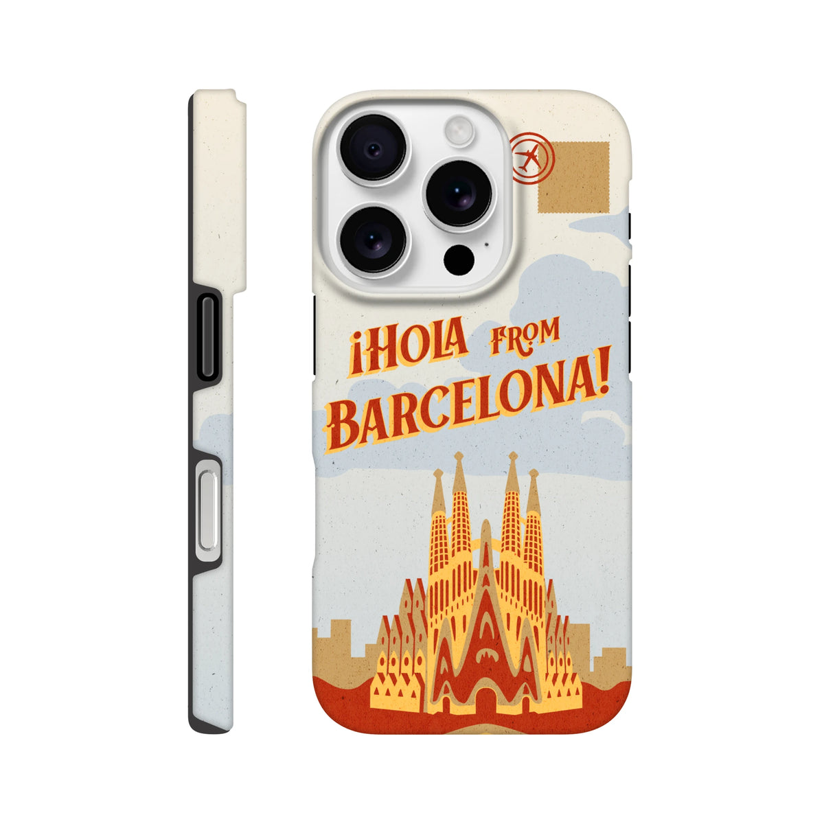 Barcelona Travel Postcard Tough iPhone Case for iPhone 13–16 with wraparound postcard print