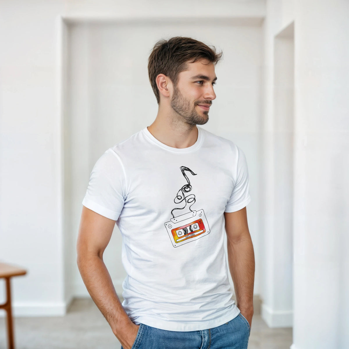 Man wearing white t-shirt with retro cassette tape graphic and unspooling tape design for 80s music streetwear style.
