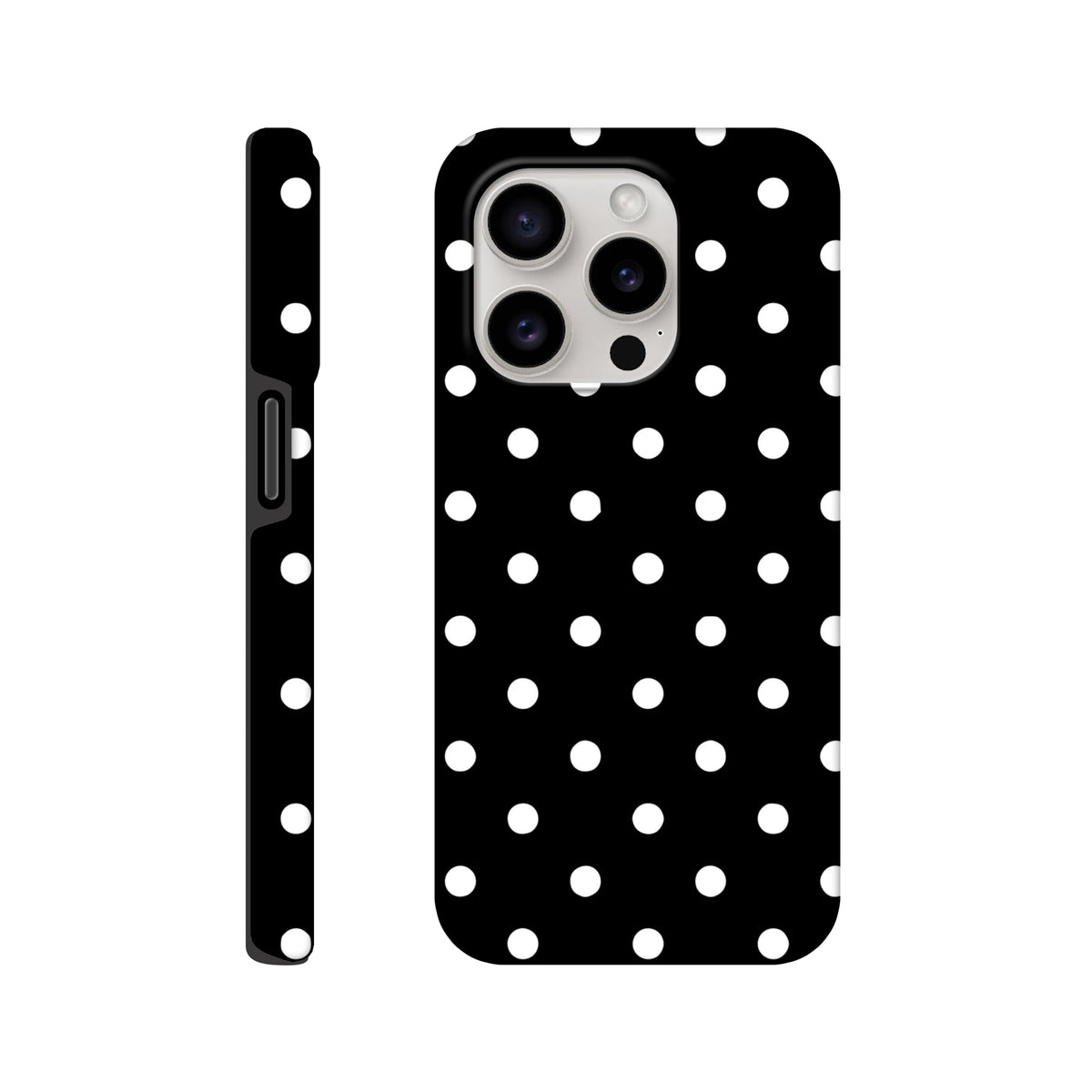 Black and white polka dot tough iPhone case with glossy wraparound print and shock-absorbing TPU core for impact resistance.