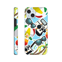 Blue iPhone case featuring a summer sticker collage with palm trees, sunglasses, and a vintage camera.