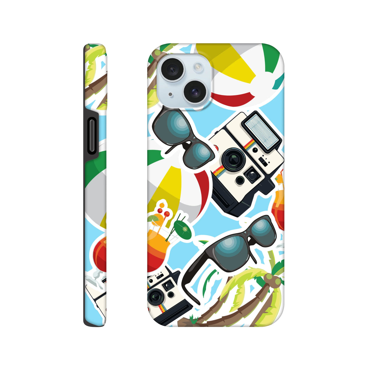 Blue iPhone case featuring a summer sticker collage with palm trees, sunglasses, and a vintage camera.