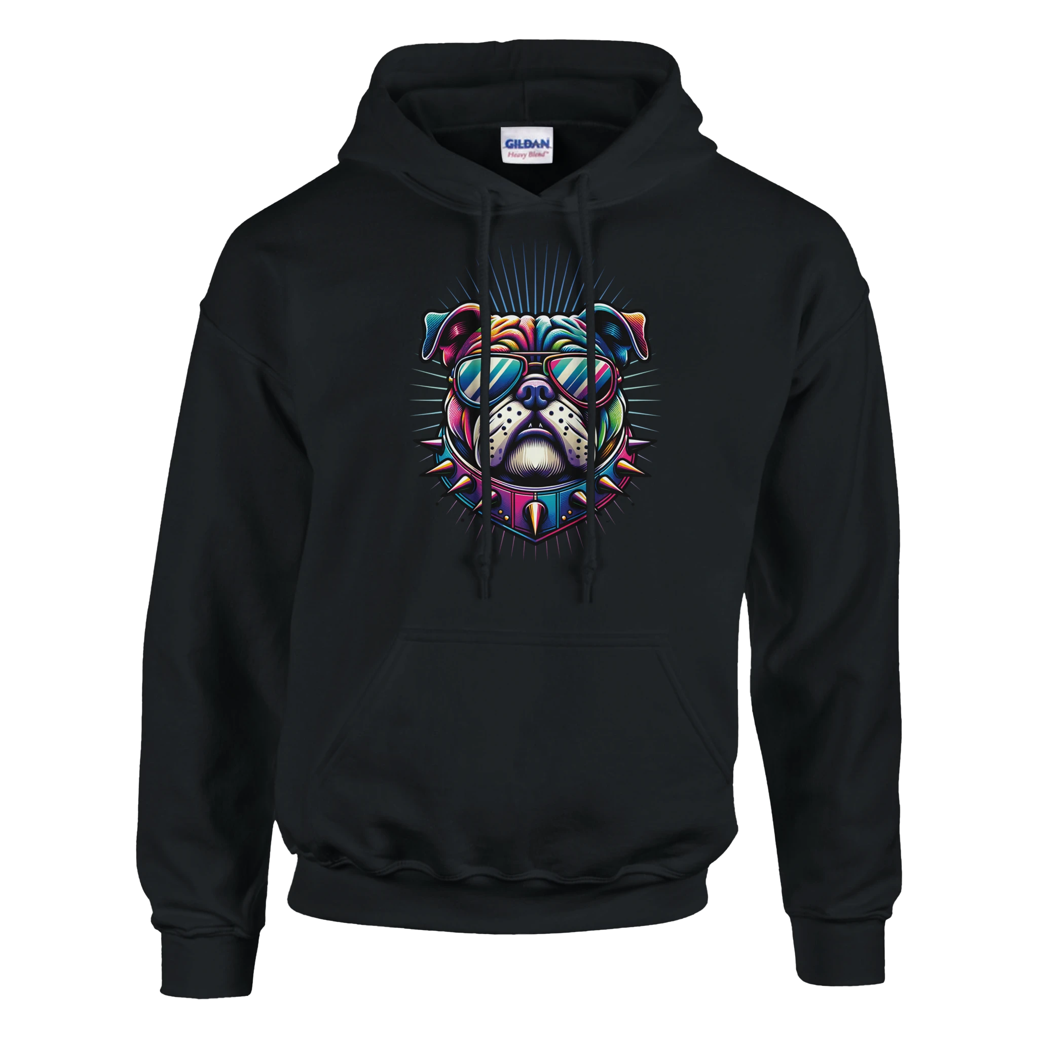 Black British Bulldog graphic hoodie with a colorful bulldog wearing sunglasses, spiked design, front pocket.