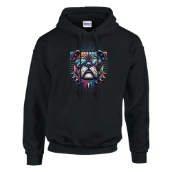 Black British Bulldog graphic hoodie with a colorful bulldog wearing sunglasses, spiked design, front pocket.