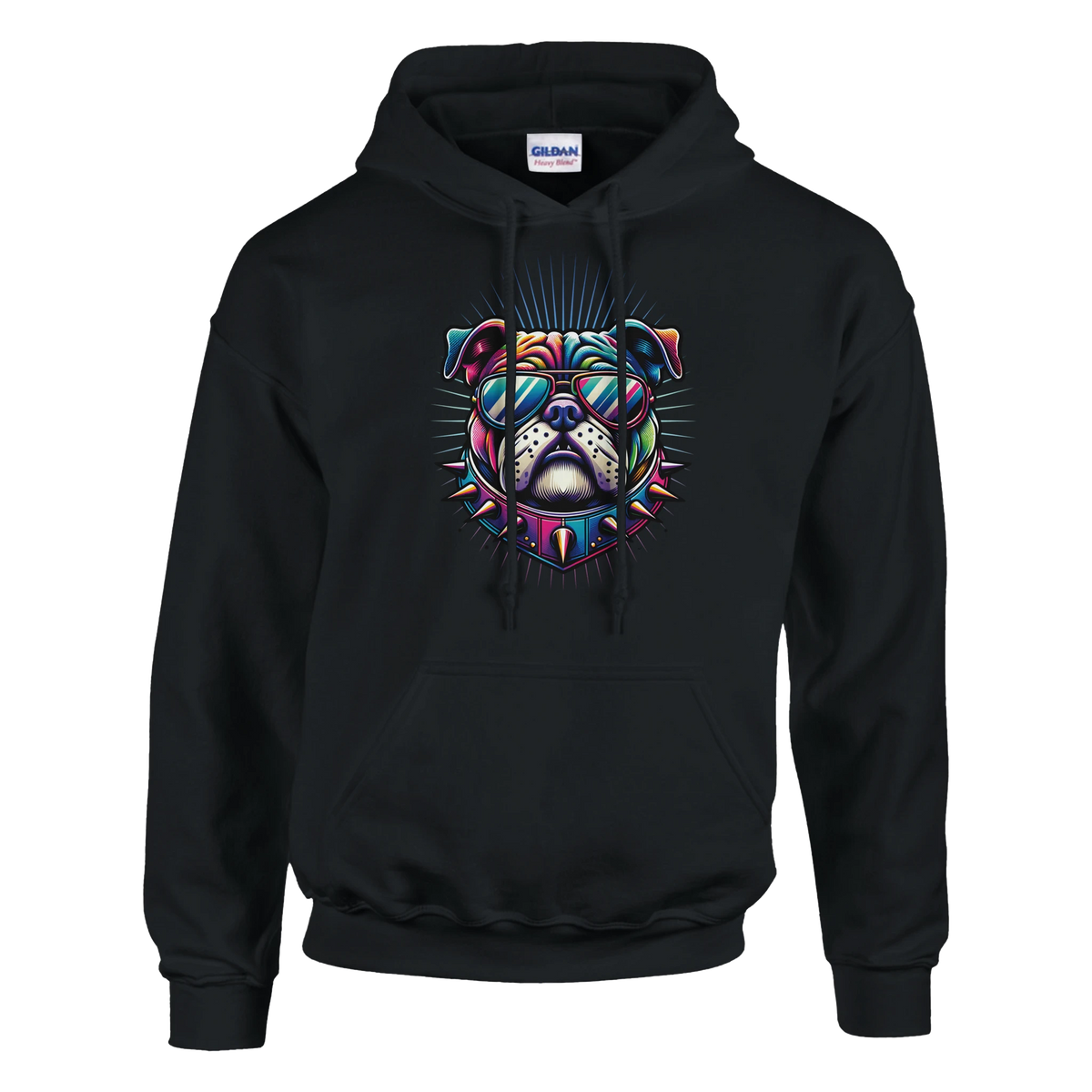 Black British Bulldog graphic hoodie with a colorful bulldog wearing sunglasses, spiked design, front pocket.