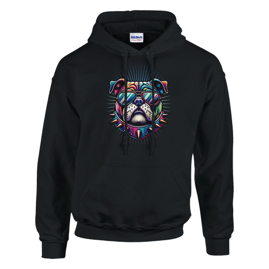 Black British Bulldog graphic hoodie with a colorful bulldog wearing sunglasses, spiked design, front pocket.
