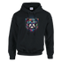 Black British Bulldog graphic hoodie with a colorful bulldog wearing sunglasses, spiked design, front pocket.