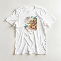 Tequila graphic T-shirt for women on white, tropical beach scene in a soft cotton blend; blue, white, pink; sizes S–XL.