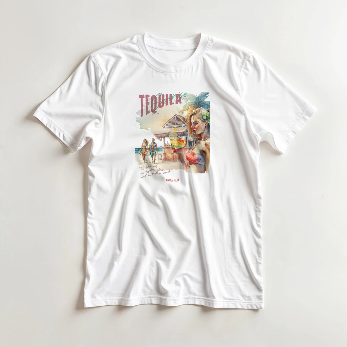Tequila graphic T-shirt for women on white, tropical beach scene in a soft cotton blend; blue, white, pink; sizes S–XL.