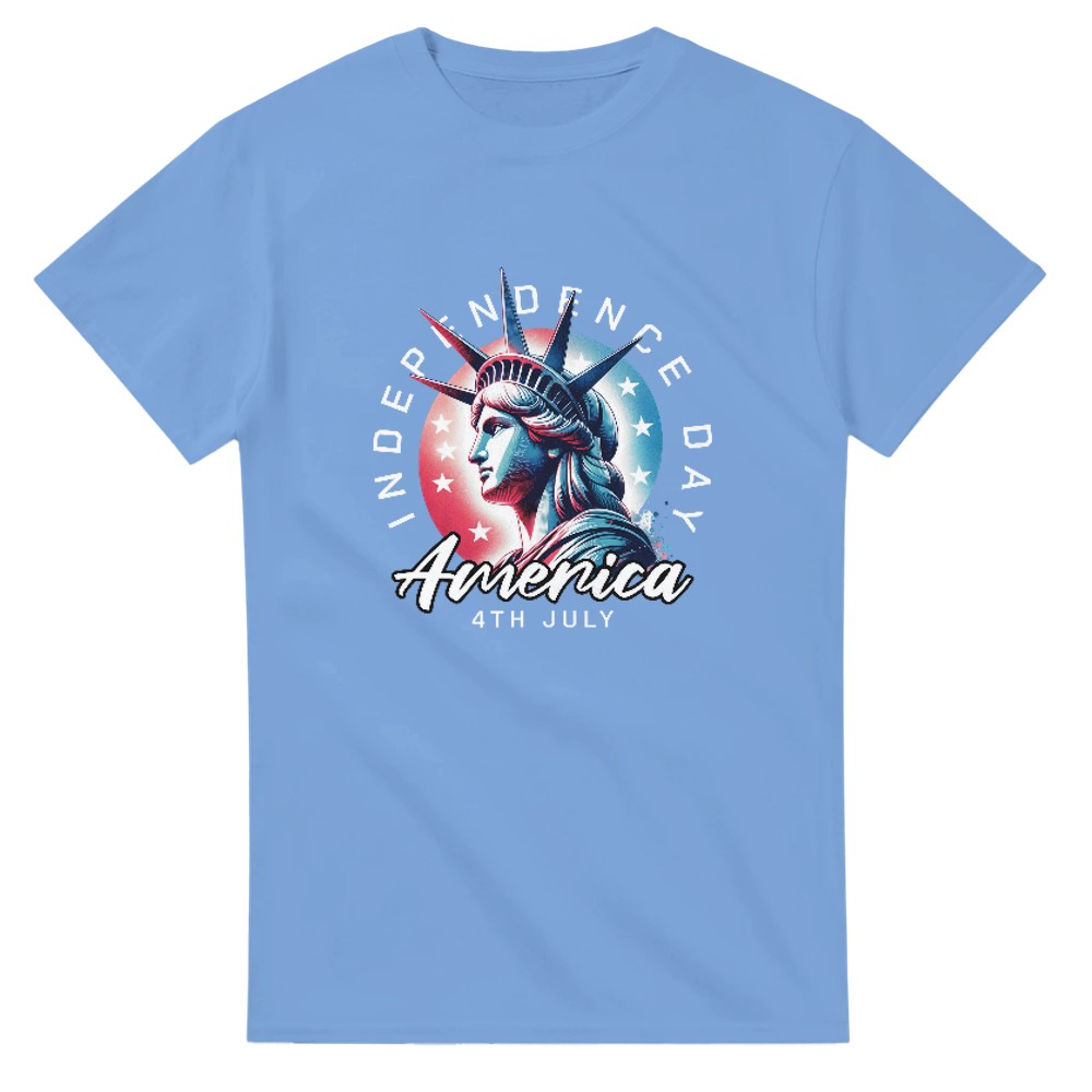 Light blue USA graphic tee with Statue of Liberty and Independence Day 4th July design in red, white, blue.