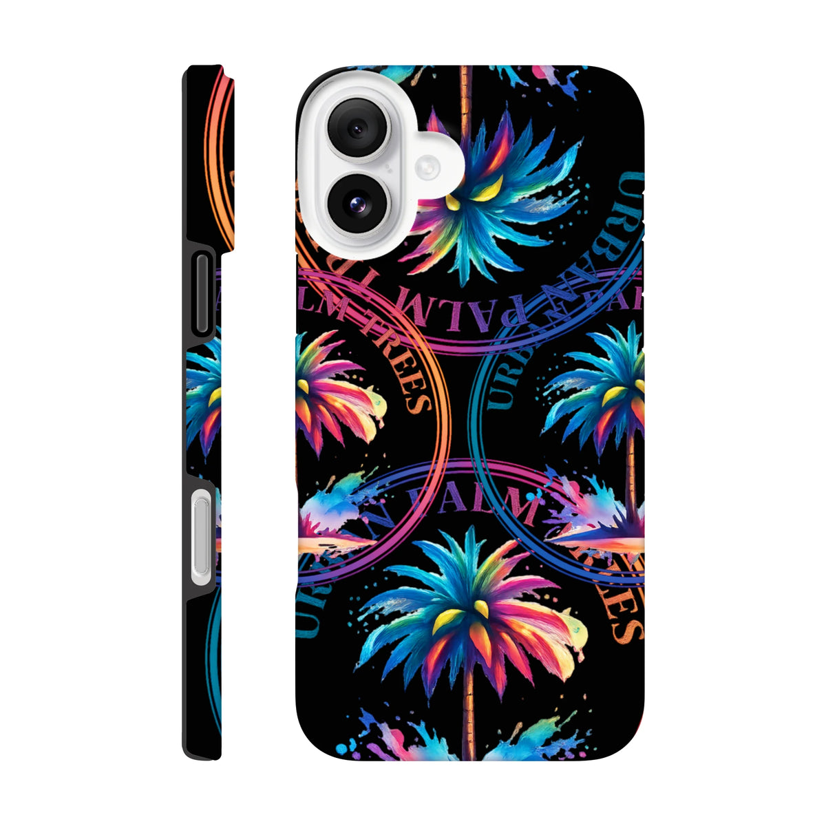 Tough iPhone case featuring vibrant neon palm trees and Urban Palm Trees streetwear typography on a black background.