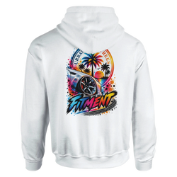 White Petrolhead streetwear hoodie back featuring colorful car graphic with palm trees, sunset, and FITMENT text.