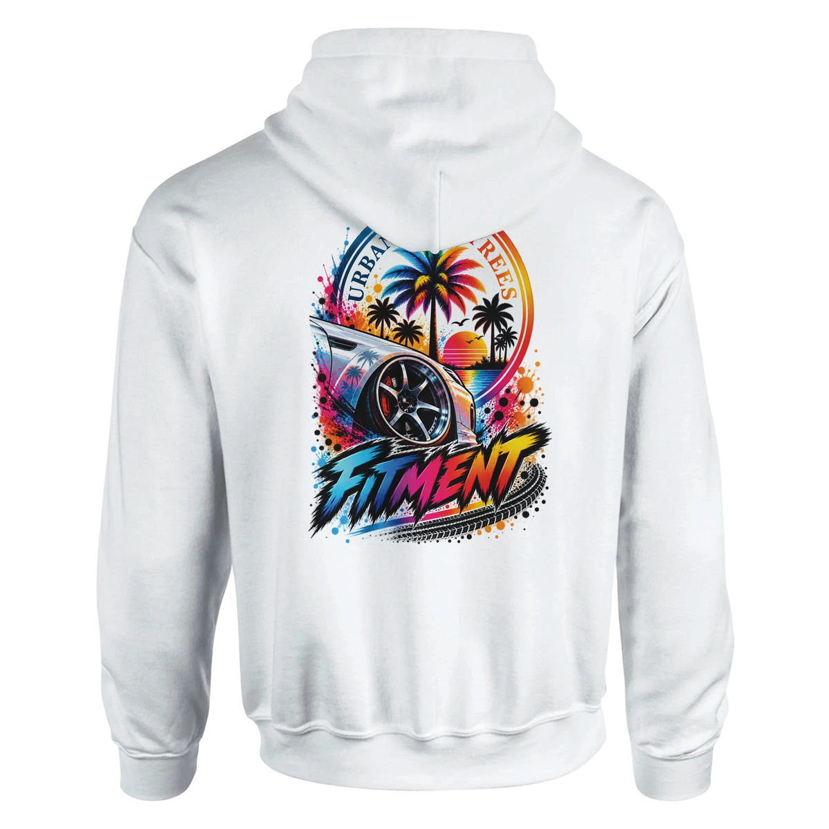 White Petrolhead streetwear hoodie back featuring colorful car graphic with palm trees, sunset, and FITMENT text.
