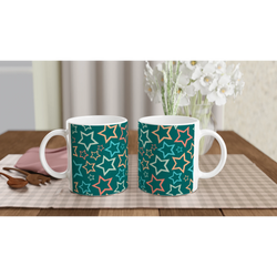 Pair of Retro Multicolour Star Mugs, Y2K aesthetic ceramic coffee cups with teal star pattern.