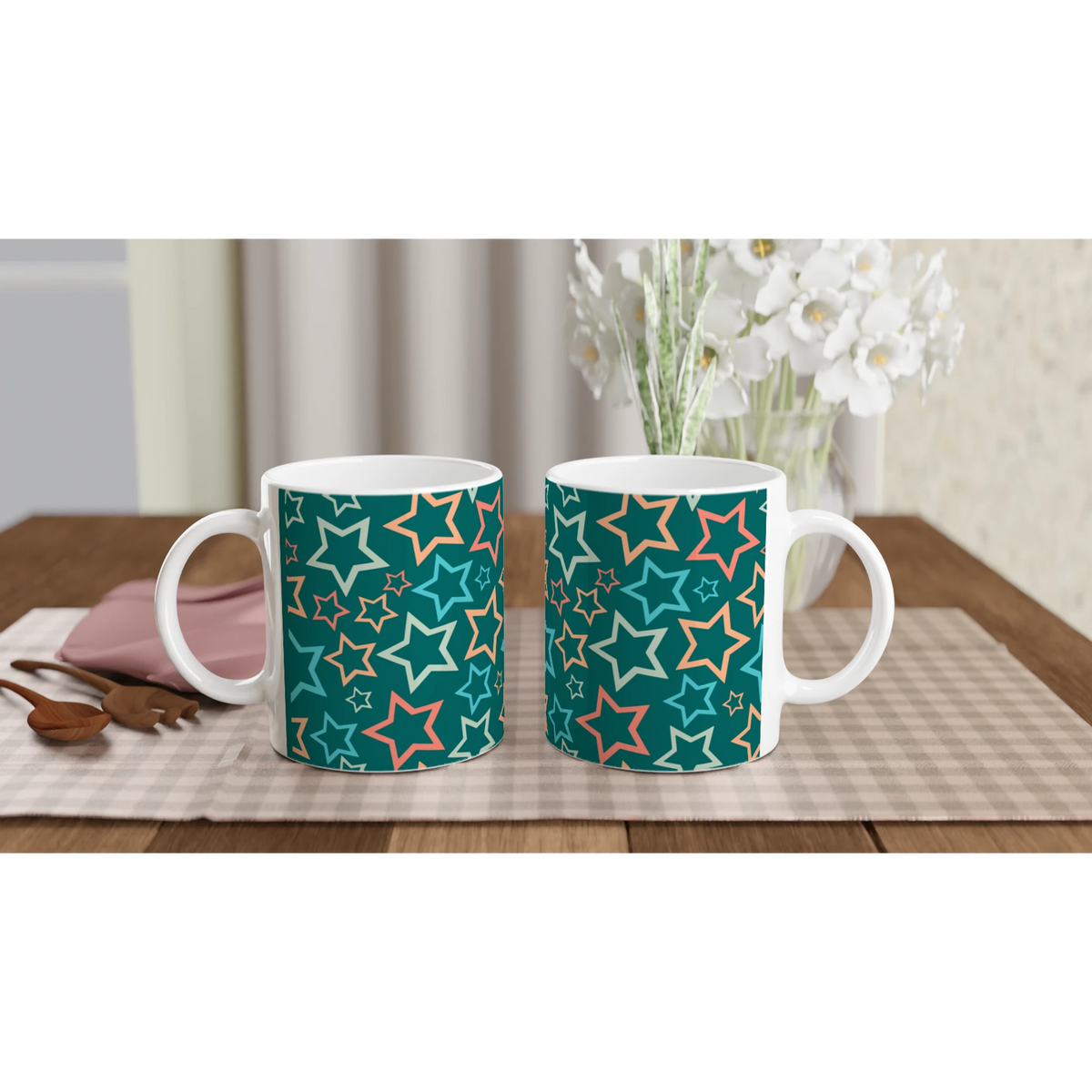 Pair of Retro Multicolour Star Mugs, Y2K aesthetic ceramic coffee cups with teal star pattern.