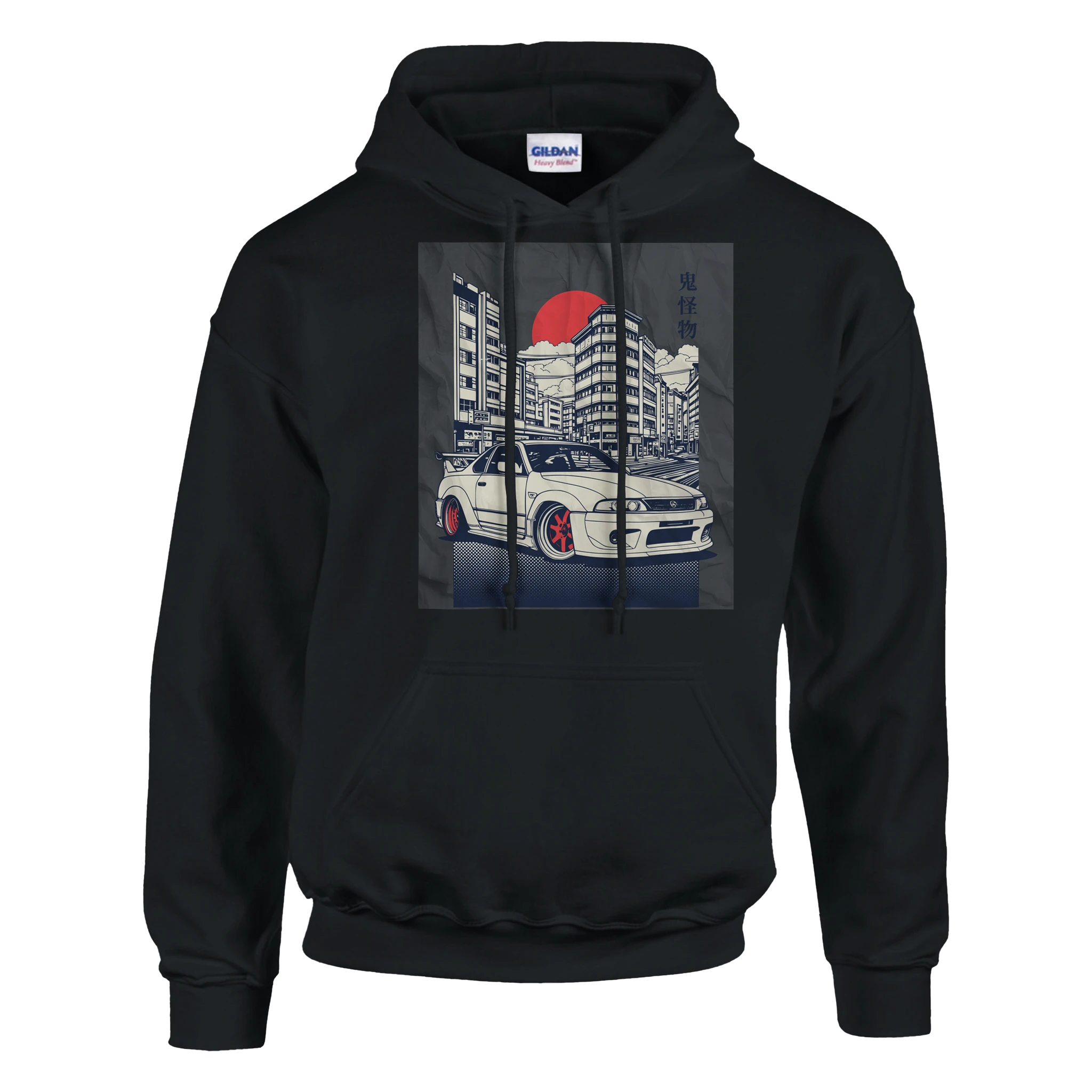 Car Jumper JDM hoodie graphic featuring a white sports car in an urban cityscape with a red sun.