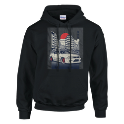 Car Jumper JDM hoodie graphic featuring a white sports car in an urban cityscape with a red sun.