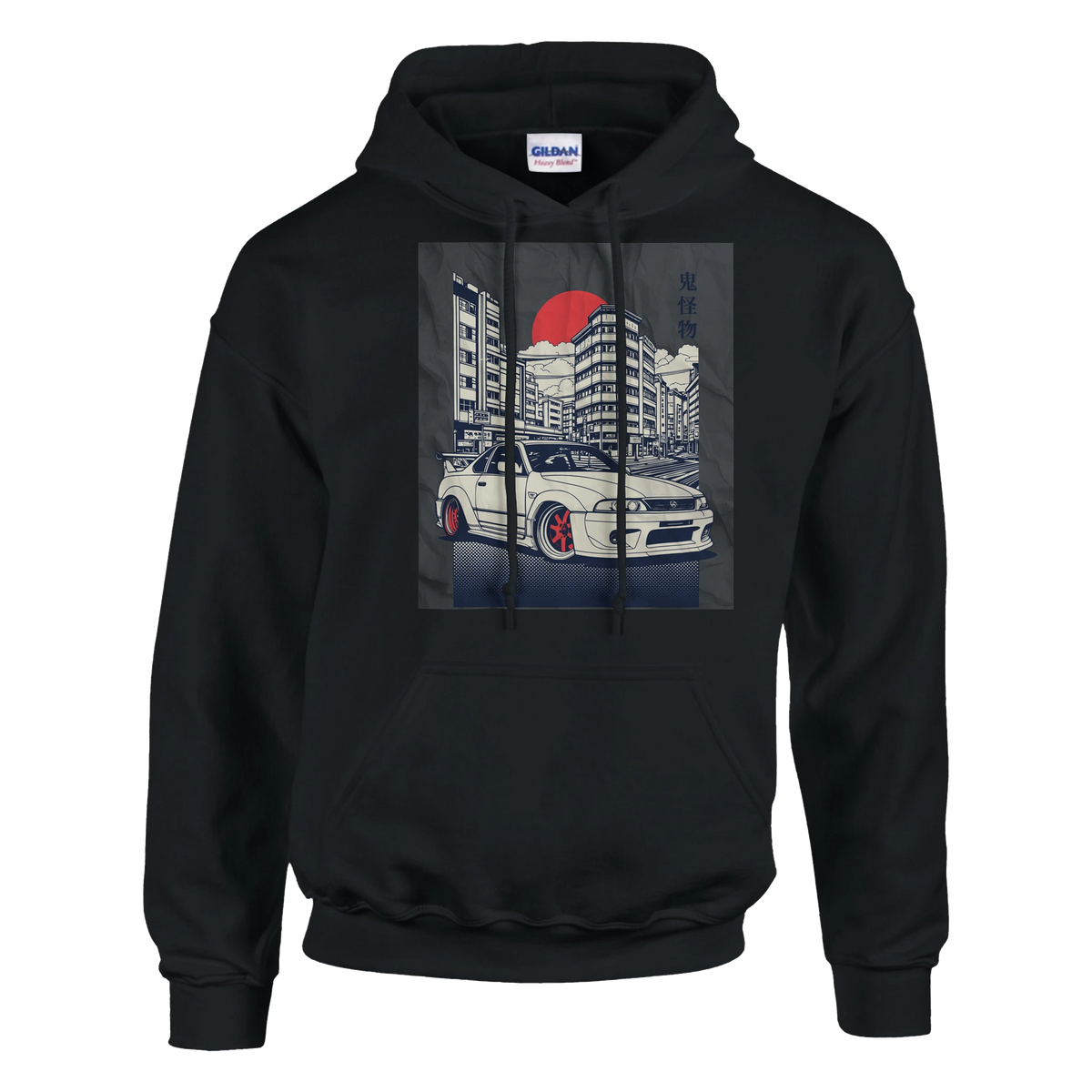 Car Jumper JDM hoodie graphic featuring a white sports car in an urban cityscape with a red sun.