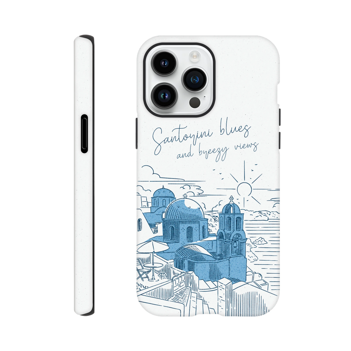 White iPhone case featuring blue Santorini dome illustrations and "Santorini blues and breezy views" text.