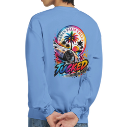 Light blue sweatshirt back featuring colorful "Tucked" graphic with lowered car, palm trees, and Urban Palm Trees text for modified car culture.