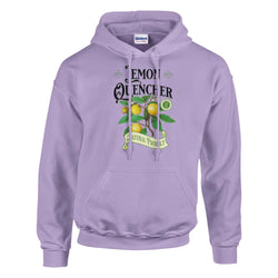 Lavender Lemon women's hoodie with lemon plant graphic on cotton-blend fabric and front pocket.