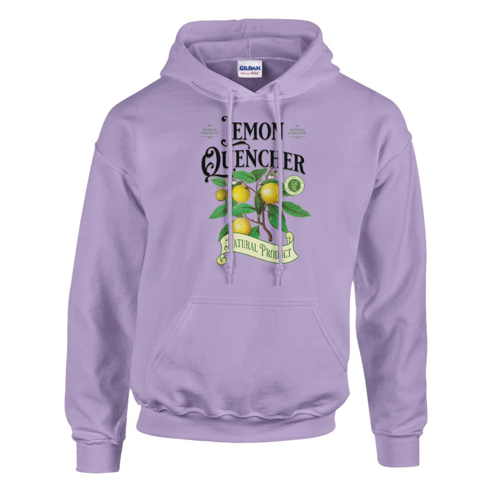 Lavender Lemon women's hoodie with lemon plant graphic on cotton-blend fabric and front pocket.