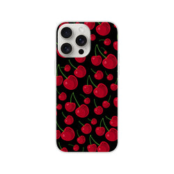 Red cherry iPhone case featuring a retro black fruit pattern. Slim, shock-absorbing TPU cover with a smooth matte finish for urban style.