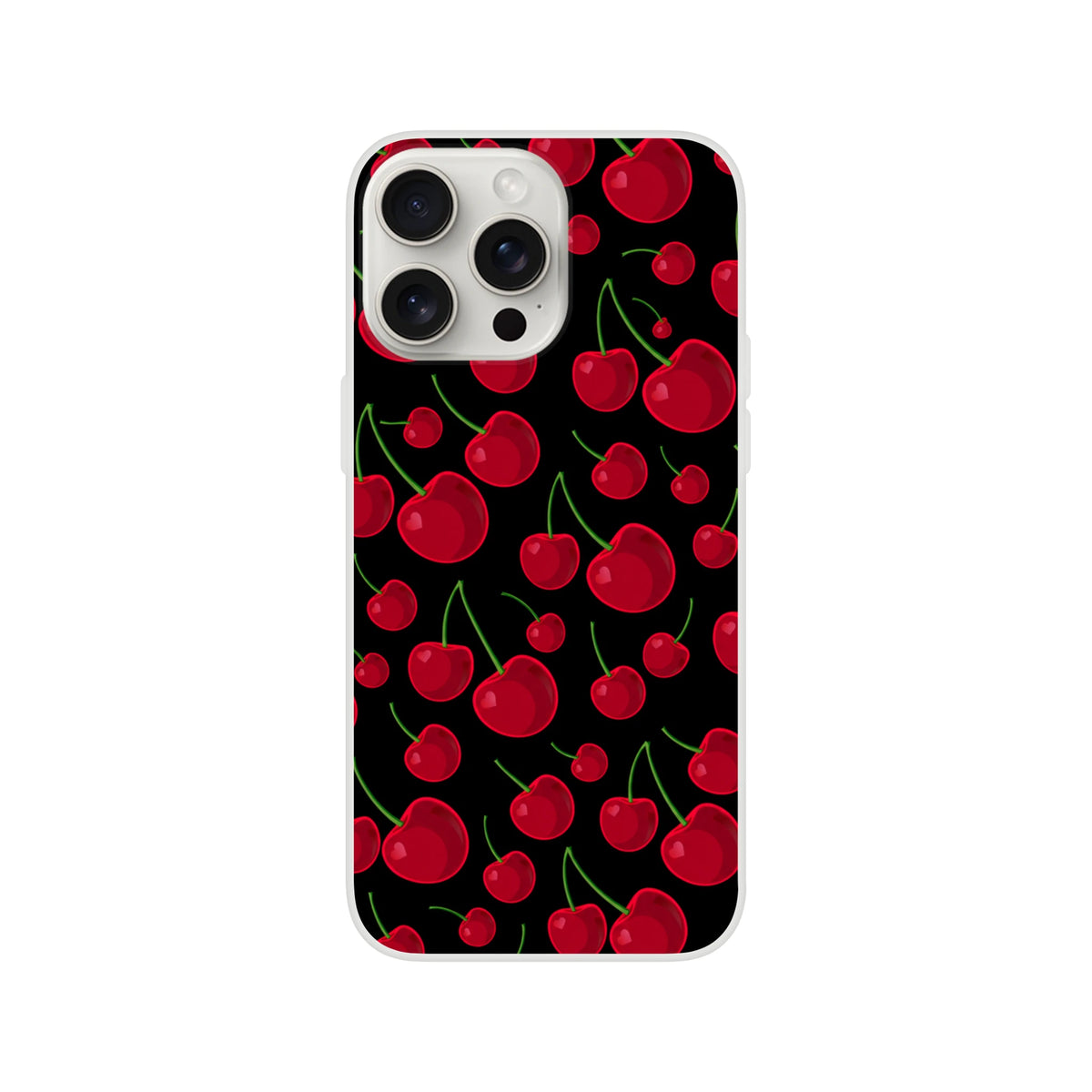 Red cherry iPhone case featuring a retro black fruit pattern. Slim, shock-absorbing TPU cover with a smooth matte finish for urban style.