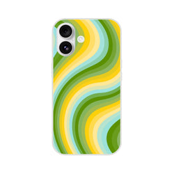 Retro green and yellow swirl iPhone case for 13–16, slim matte shell with shock-absorbing protection.