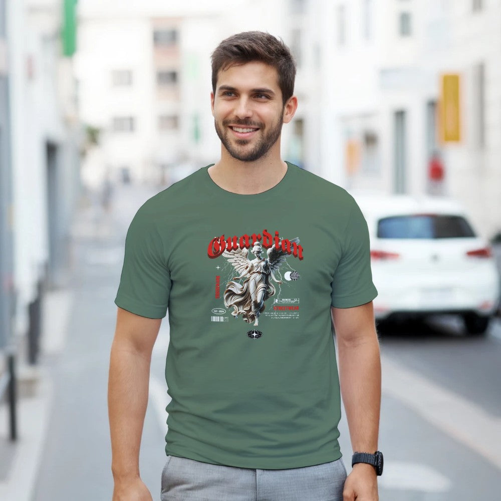 Man wearing a green Gothic Angel graphic T-shirt with guardian angel artwork on a city street.