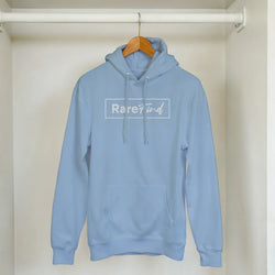 Light blue hoodie on a wooden hanger in a closet, featuring Rare Find logo on the chest and front pouch pocket.