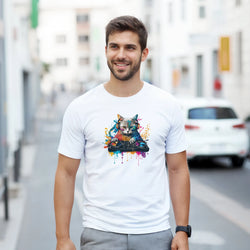 Man wearing white streetwear tee featuring a colorful graphic of a cat with headphones mixing on DJ turntables with paint splashes.
