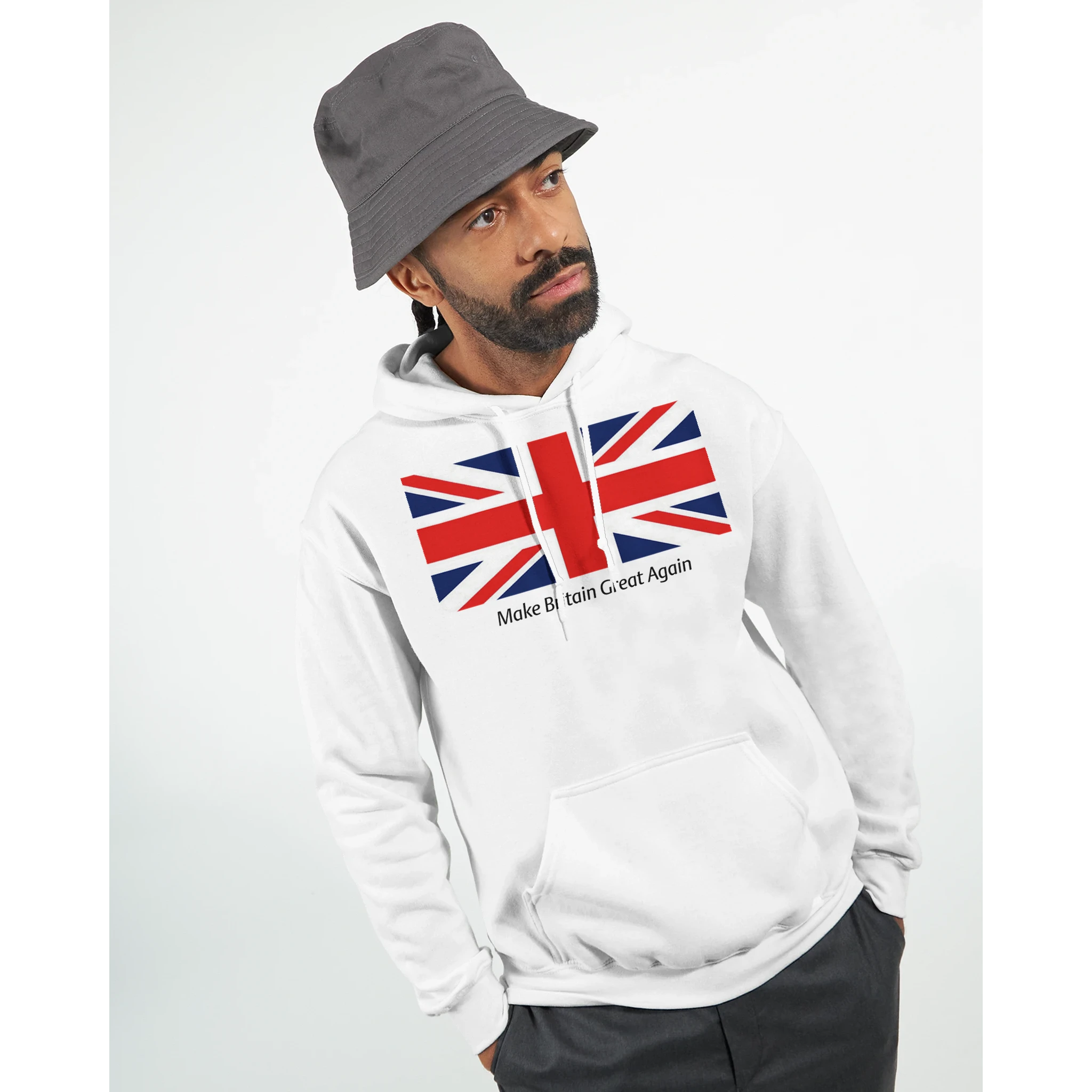 Men's Union Jack Hoodie, 50/50 cotton-poly blend, white with Union Jack and Make Britain Great Again, sizes S to XL