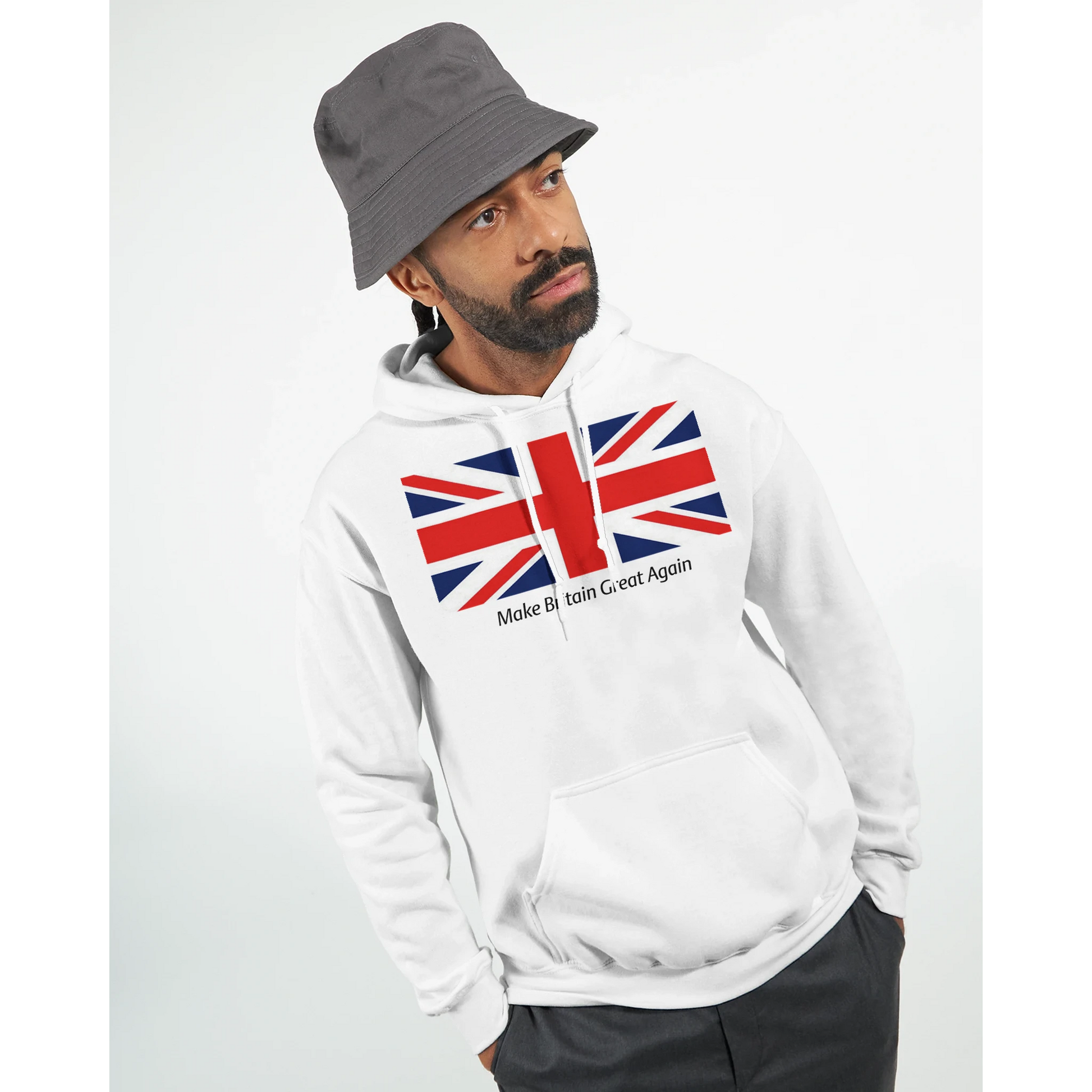 Man wearing a white men's union jack hoodie, standing against a plain background. 3