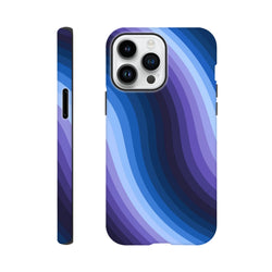 Blue retro wave iPhone case featuring Y2K wavy stripes and reinforced guard rails for tough impact protection.