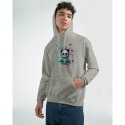 Panda DJ men's graphic hoodie in gray heather, soft 50/50 cotton-poly blend with teal, pink splashes; sizes S to XL.