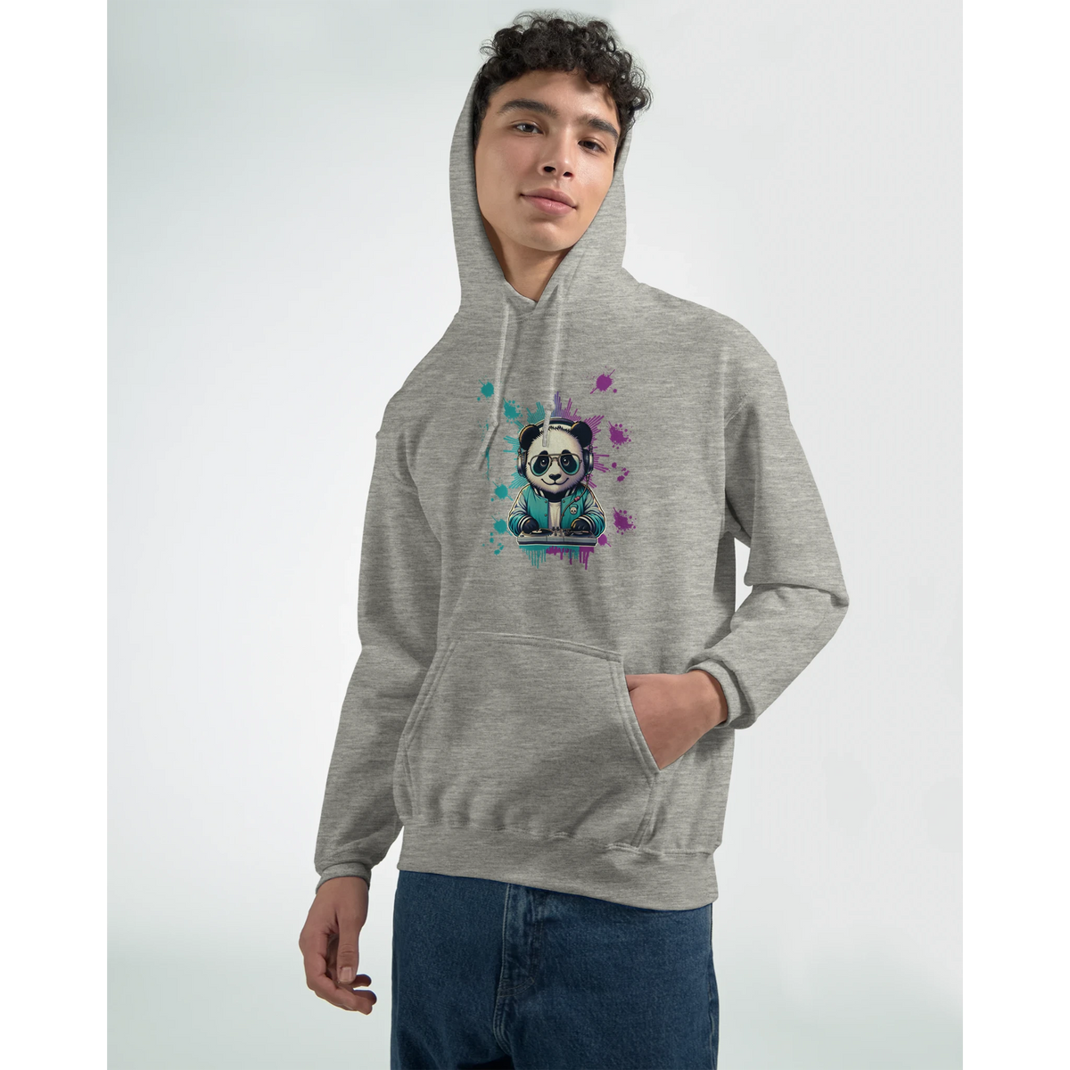 Panda DJ men's graphic hoodie in gray heather, soft 50/50 cotton-poly blend with teal, pink splashes; sizes S to XL.