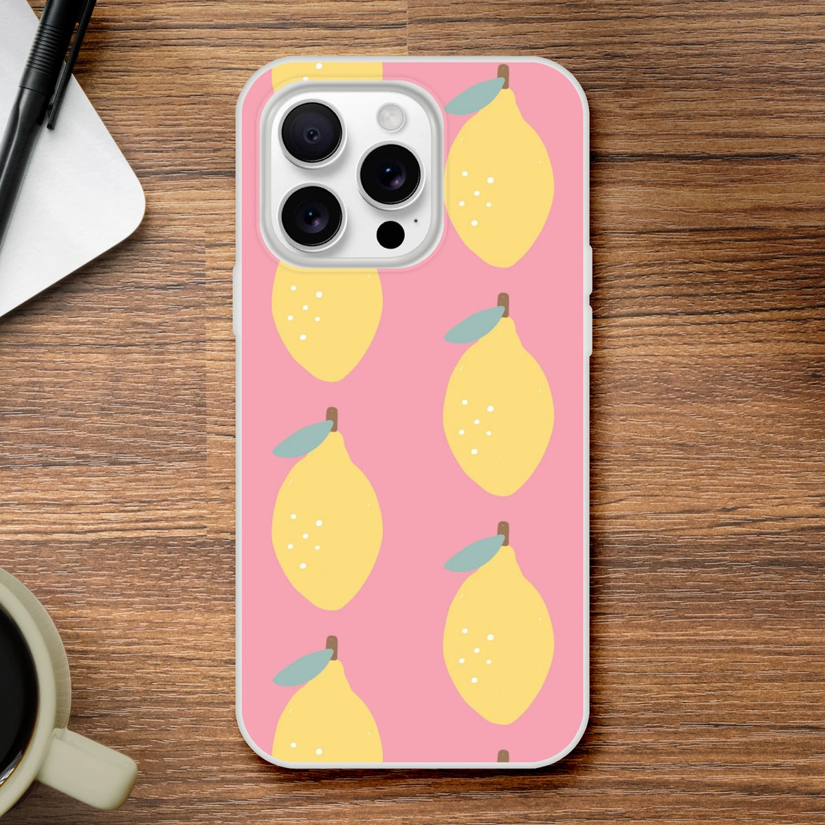 Pink lemon-pattern iPhone case for 13-16 with frosty clear texture and flexible, tear-resistant protection.