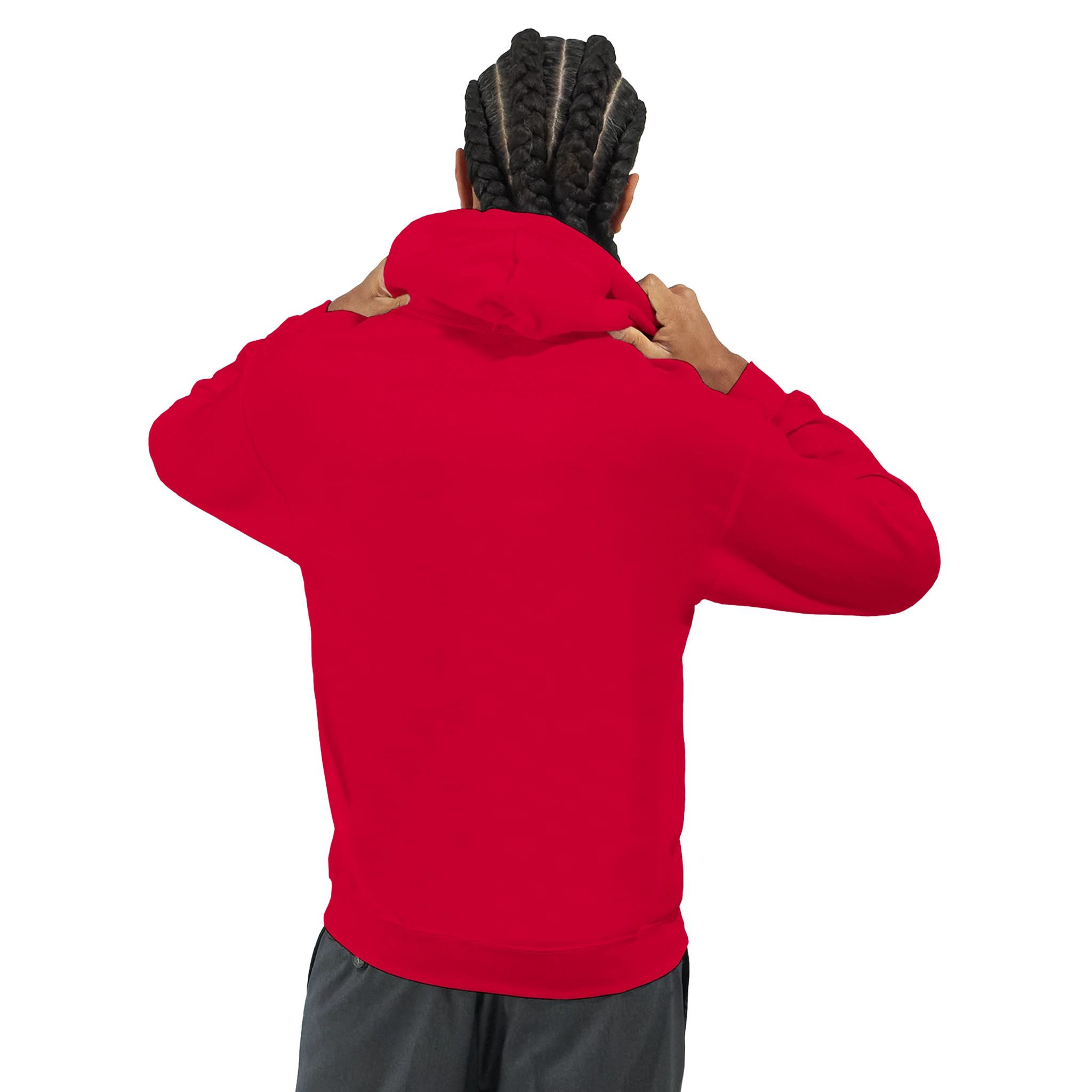 Back view of a man wearing red Men's Grizzly Bear Hoodie Soft Cotton Blend in White Red Blue Grey, sizes S-XL.