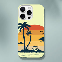 Retro tropical sunset palm tree iPhone case (13-16) beach cover with wraparound design and drop protection.