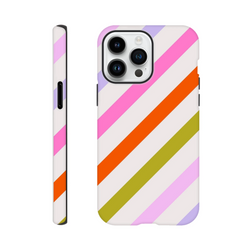 Retro colourful diagonal stripe iPhone case. Tough dual-layer TPU phone cover protects against drops and scratches.